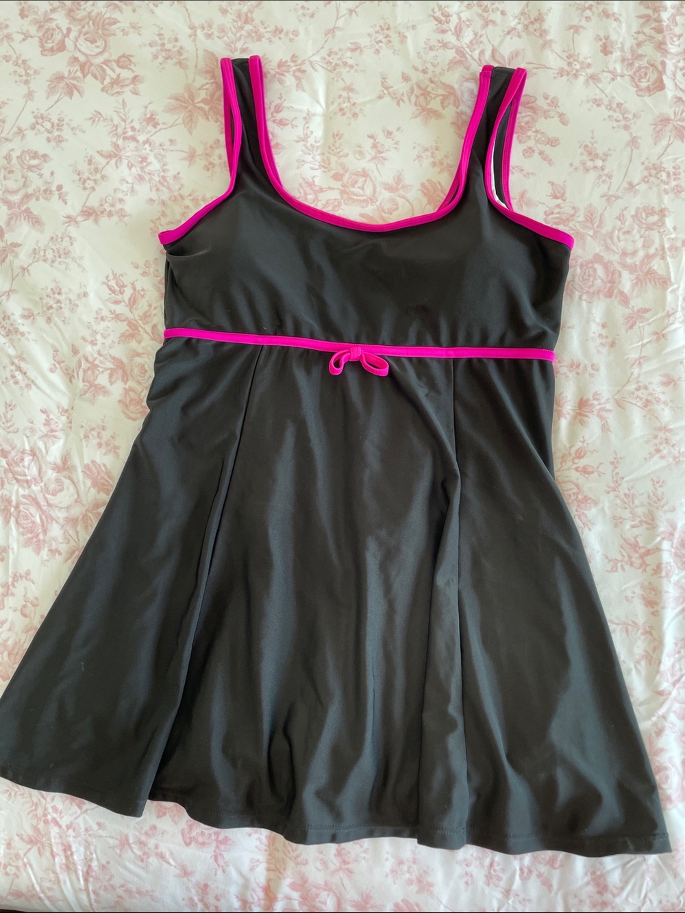 Black One-Piece Swimdress with Hot Pink Trim